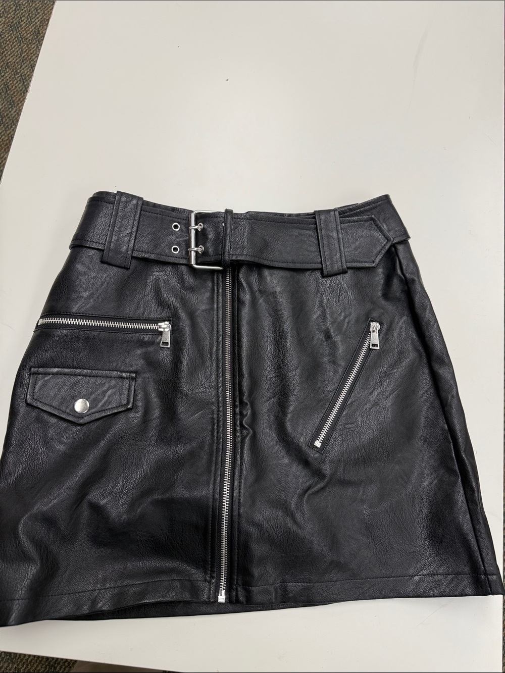 Topshop Black Faux Leather Zip-Pocket Mini Skirt with Belt
